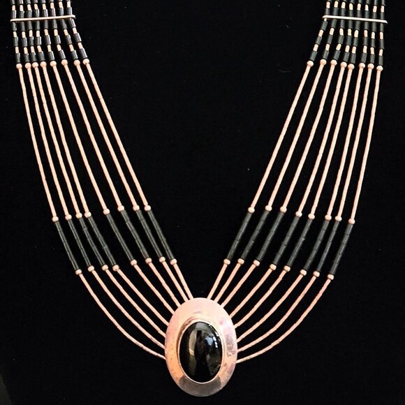 Vintage Sterling Silver Native American Multi-Strand Liquid Silver Onyx Necklace